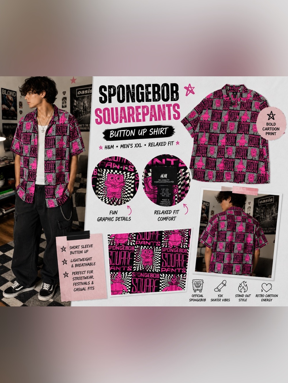 H&M SpongeBob SquarePants Pink Checkerboard Button Up Shirt XXL
